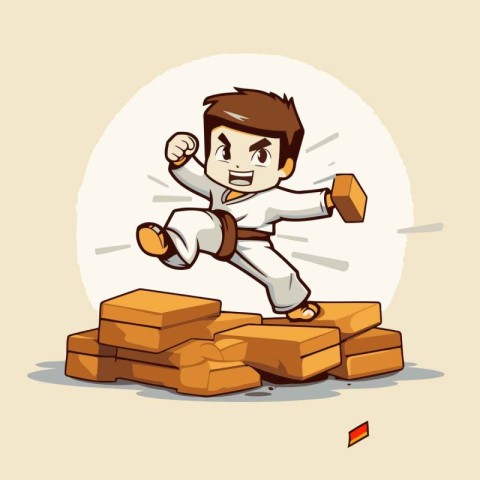 Karate boy jumping over the brick wall. Vector cartoon illustrat