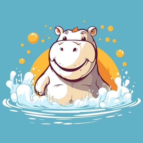 Hippo in the water with splashes. Vector illustration.