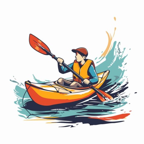 Kayaking in the sea. Vector illustration of a man in a kayak.