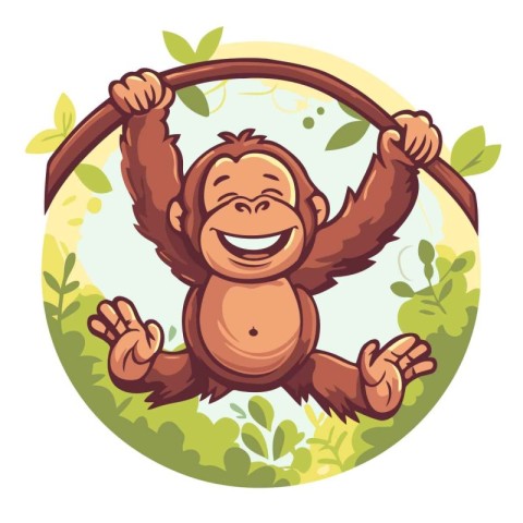 Vector illustration of a happy smiling orangutan holding a branc