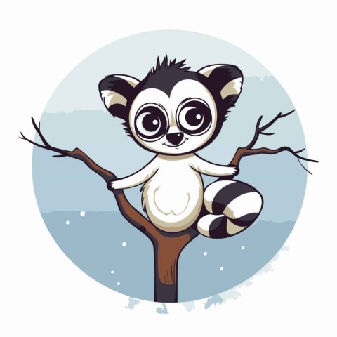 Cute cartoon lemur sitting on a tree branch. Vector illustration