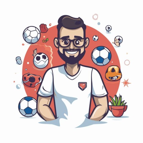 Soccer player with sport icons. Vector illustration in cartoon s