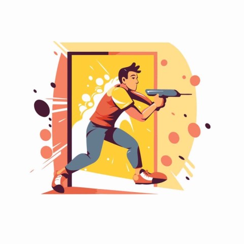 Paintball player with a gun in his hand. Flat vector illustratio