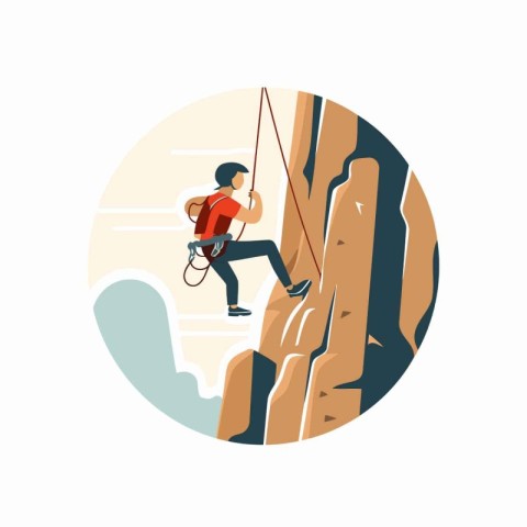 Climber man climbs the rock. Flat style vector illustration.