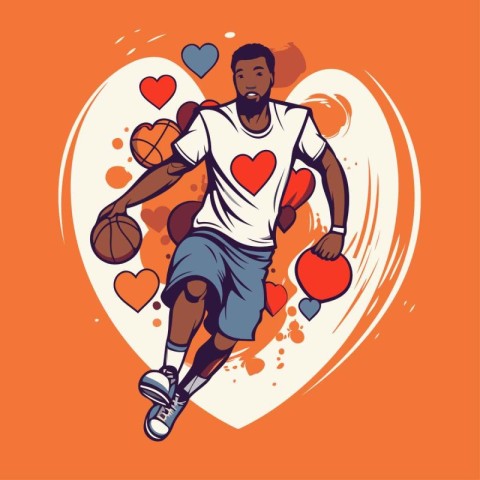 Vector illustration of a basketball player with ball and hearts