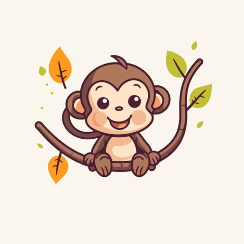 Cute monkey sitting on a branch with leaves. Vector illustration