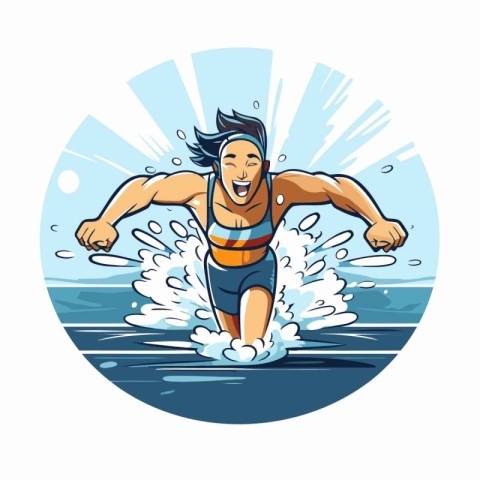 Vector illustration of a young man jumping into the water on a s