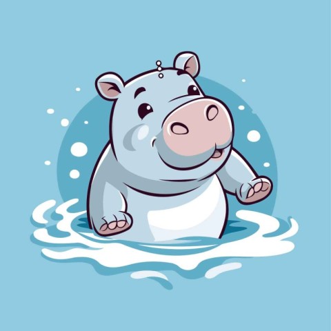 Cute hippo in water. Vector illustration in cartoon style.