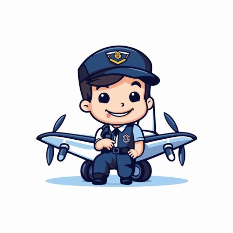 Cute pilot with airplane cartoon vector Illustration on a white