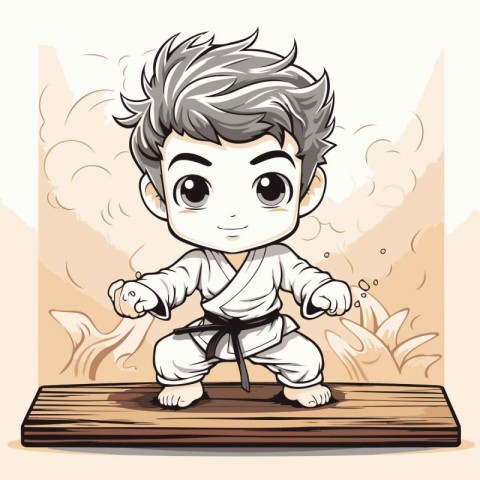 Karate boy with black belt. Vector illustration in cartoon style