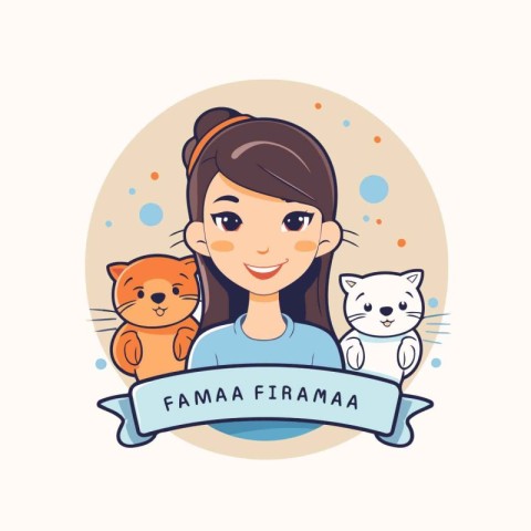 Families day. Cute cartoon girl with cat. Vector illustration.