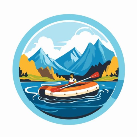 Kayaking in the mountains. Vector illustration in a flat style.