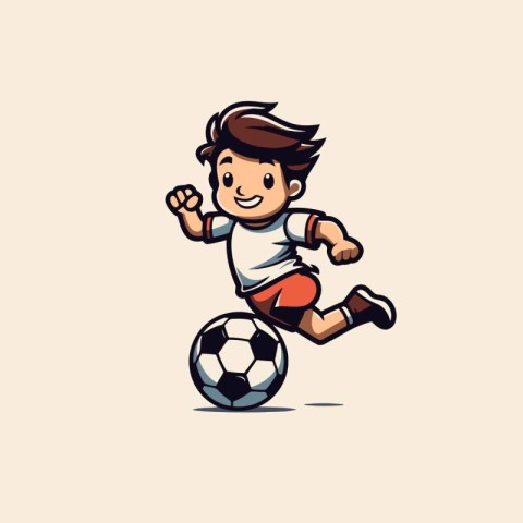 Cartoon soccer player running and kicking the ball. Vector illus