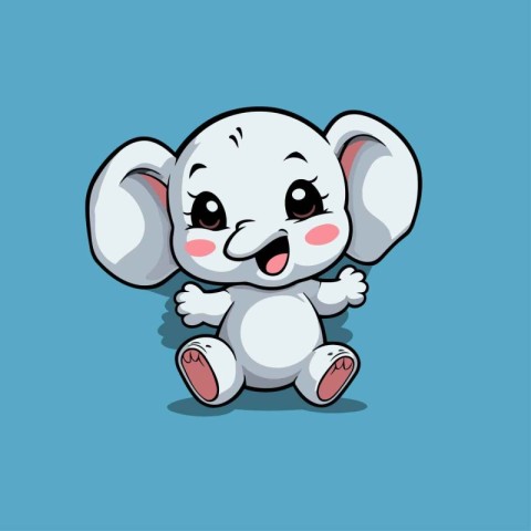 Cute elephant cartoon character isolated on blue background. Vec