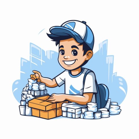 Cute cartoon delivery boy with boxes and parcels. Vector illustr