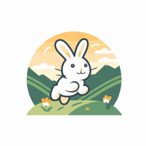 Cute little rabbit in the meadow. Vector illustration in flat st