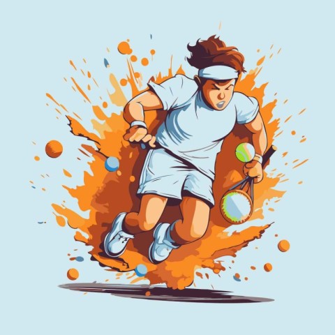 Tennis player in action with racket and ball. Vector illustratio