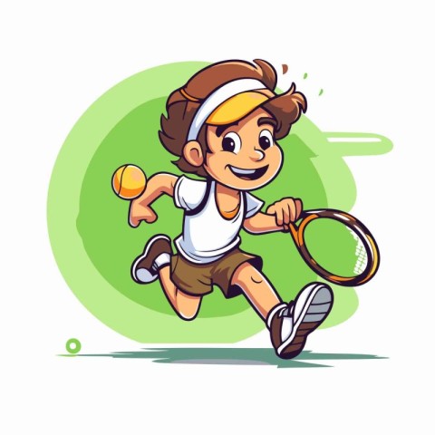 Cartoon boy playing tennis. Vector illustration of a child playi