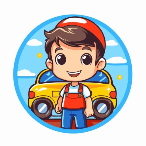 Cartoon mechanic boy with car. Vector illustration in cartoon st