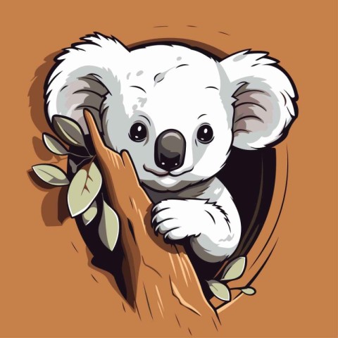 Cute cartoon koala bear on the tree. Vector illustration.