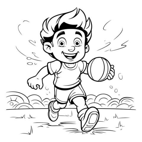 Black and White Cartoon Illustration of a Kid Playing Rugby or A