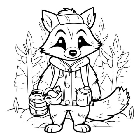 Coloring book for children: fox with a watering can in the fores