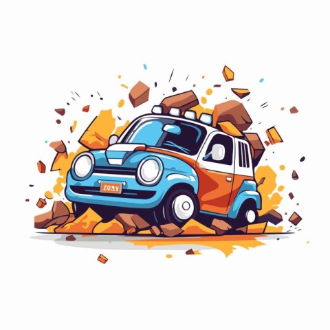 Vector illustration of retro car on the background of explosion