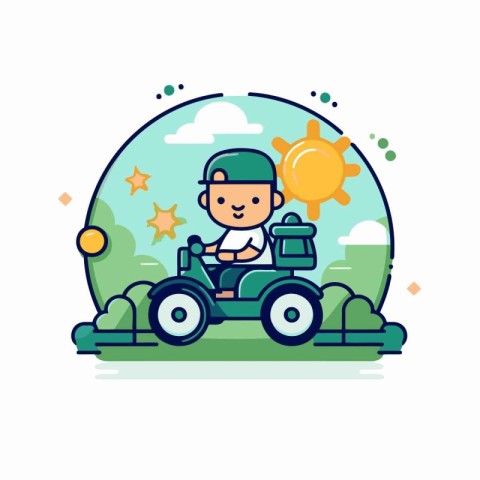 Cute boy riding on a quad bike. Flat vector illustration.