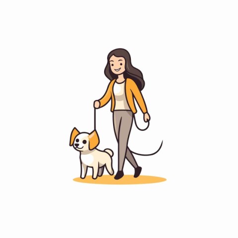 Woman walking with her dog. Vector illustration in flat cartoon