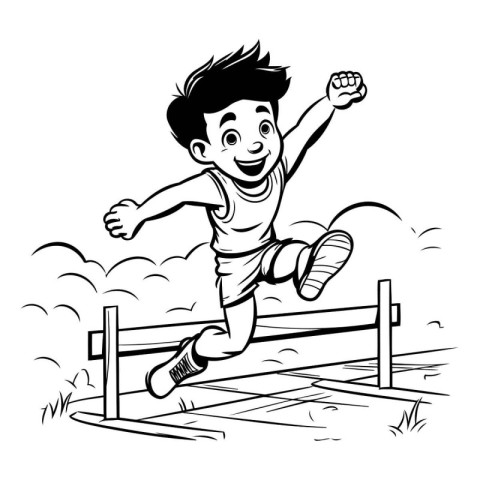 Boy jumping over a hurdle. Black and white vector cartoon illust