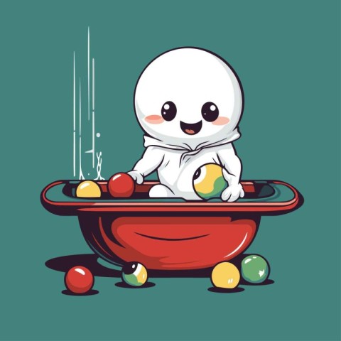 Illustration of a cute white spaceman sitting in a bowl with bal