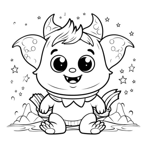 Black and White Cartoon Illustration of Cute Little Devil Charac