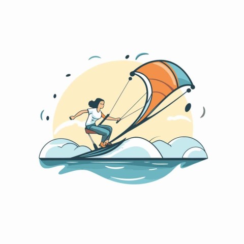 Kitesurfing sport vector illustration. Man riding a kite on the