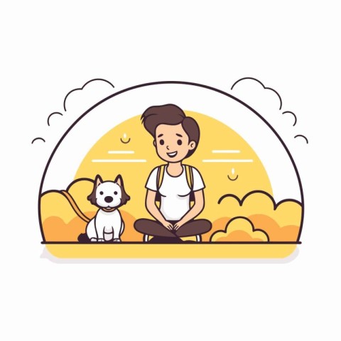 cute little boy with dog in the landscape character vector illus