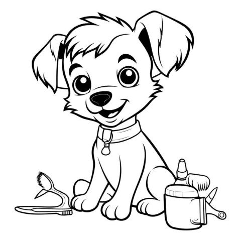 Black and White Cartoon Illustration of Cute Puppy Dog Character