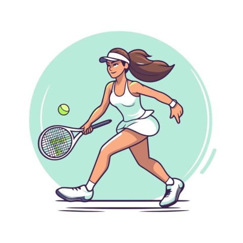 Tennis player woman with racket and ball. Cartoon vector illustr