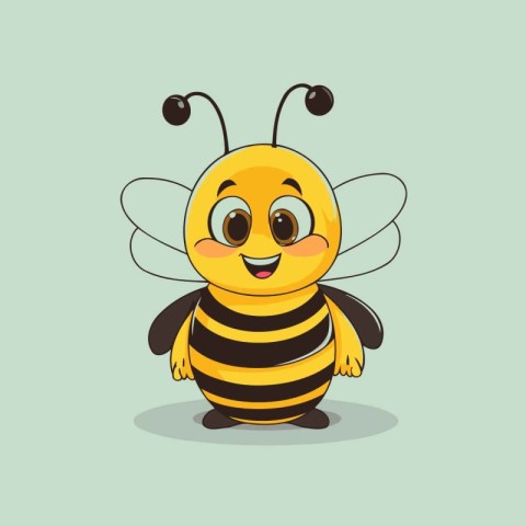 Cute cartoon bee on green background. Vector illustration of fun