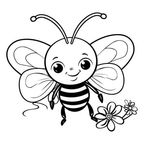 Cute cartoon bee with flowers. Black and white vector illustrati