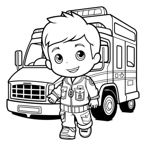 Black and White Cartoon Illustration of Cute Kid Boy Scout or Fi