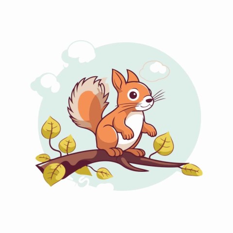 Cute cartoon squirrel sitting on a tree branch. Vector illustrat