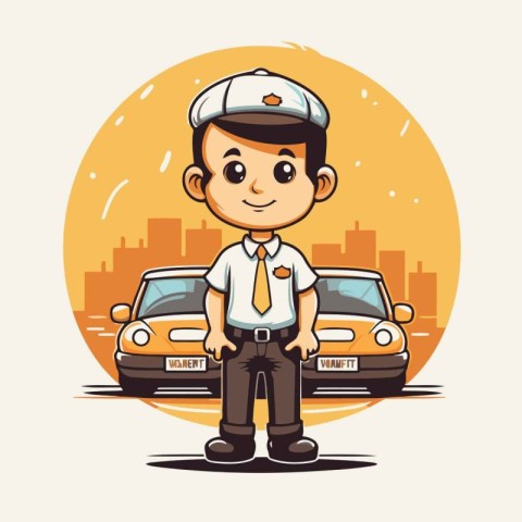 Cute cartoon taxi driver with his car in the city. Vector illust