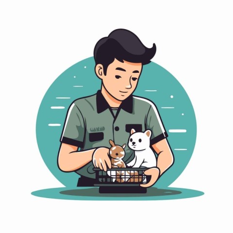 Vector illustration of a man holding a dog in a basket. Pet shop