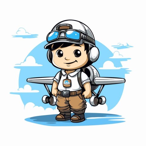 Cartoon boy pilot with airplane on sky background. Vector illust