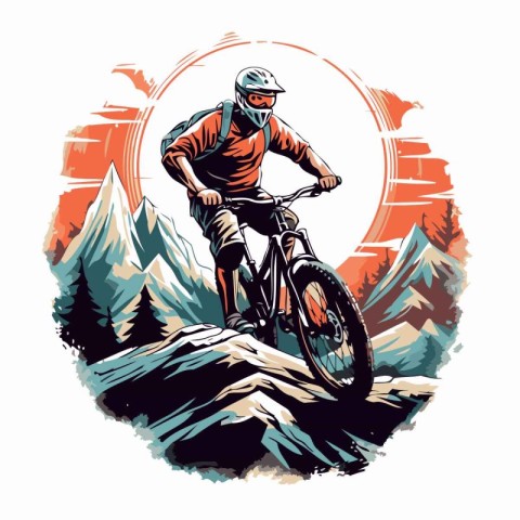 Mountain biker rides on the high mountains. Vector illustration.