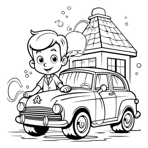 Black and White Cartoon Illustration of Little Boy Driving a Car