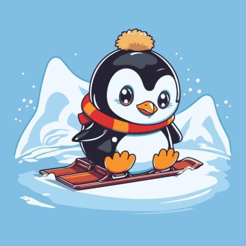 Cute penguin on skis. Cartoon character. Vector illustration.