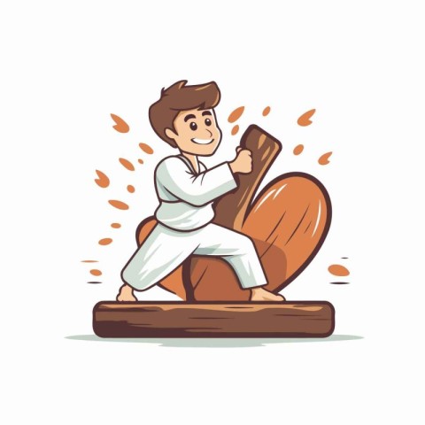 Karate boy in kimono sitting on a wooden board. Vector illustrat