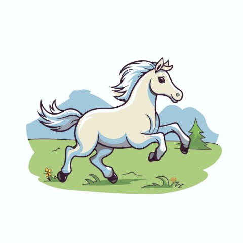 White horse running on the meadow. Vector illustration in cartoo