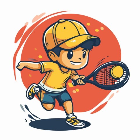 Cartoon boy playing tennis. Vector illustration of a boy playing