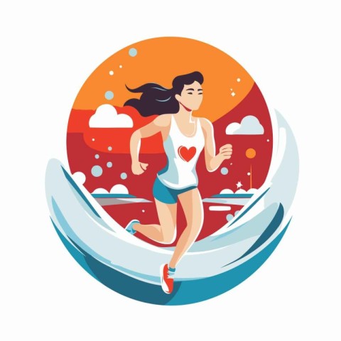 Sporty woman running on the beach. Vector illustration in flat s